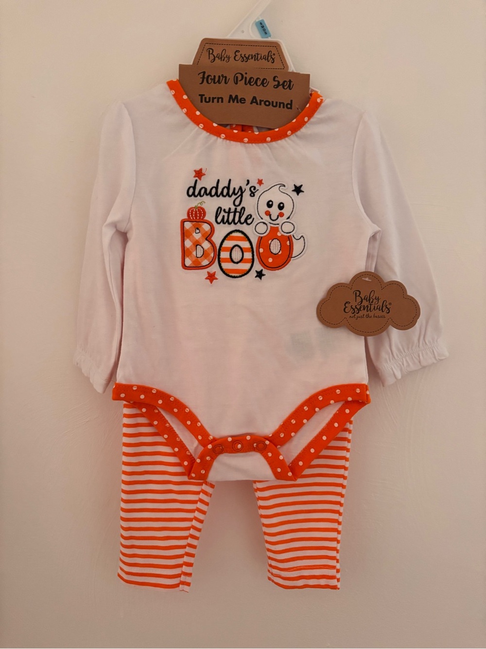 Baby Essentials White & Orange Long-Sleeve One-Piece with Striped Pants